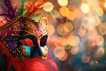 Naklejka premium Masked Party. Carnival Celebration with Vibrant Masked Costumes on Blurred Background