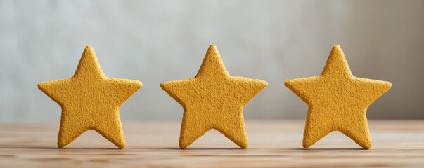 Three vibrant yellow stars arranged on a wooden surface, symbolizing creativity and a cheerful ambiance in photography.