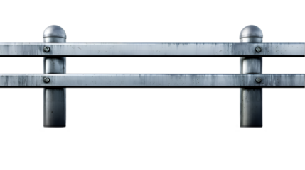 A metal guard rail post with crash barrier panel isolated on white background