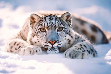 Fototapeta premium snow leopard lying on white snow