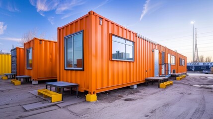 A vibrant mix of temporary buildings and structures serving as onsite offices break rooms and storage facilities.