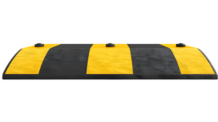 A traffic speed bump with reflective yellow stripes isolated on white background, front view