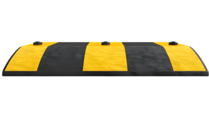 A traffic speed bump with reflective yellow stripes isolated on white background, front view