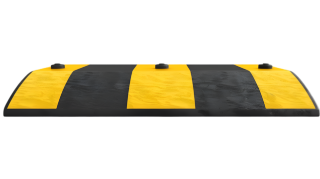 A traffic speed bump with reflective yellow stripes isolated on white background, front view