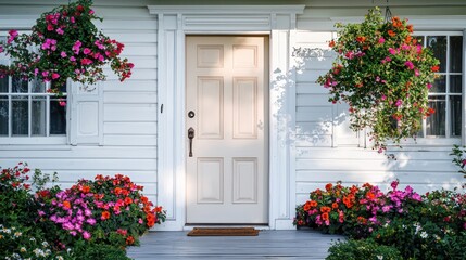 Sunny day photo of a vintage white house with a fawn door and flowers.