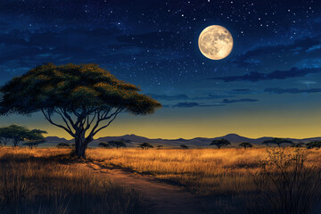beautiful african savanna background, night view with moon and stars in the sky