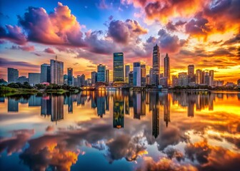 Fototapeta premium Vibrant Sunset Skyline Reflections Over Water - Aerial Photography of Urban Landscape with Colorful Lights and Soft Clouds