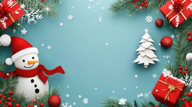 Christmas festival in paper art and free space center decoration by snoman and gift for overlaying holiday messages.