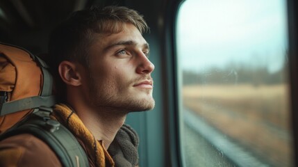 Handsome young man with thoughtful look through train window, cozy jacket, autumn travel, scenic route, contemplative journey, introspective mood, peaceful outdoor landscape, exploration