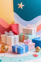 Gift boxes with line graphic pattern. Merry Christmas and Happy New Year.