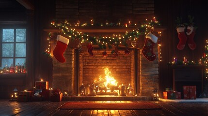 Obraz premium Cozy Christmas Fireplace with Decorations and Gifts