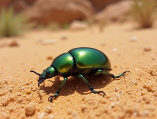 Close-up of a metallic green beetle, its iridescent shell reflecting the desert light.