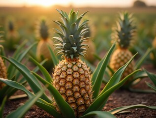 Fototapeta premium Golden pineapples stand tall in a sun-drenched field, their spiky crowns catching the warm light.
