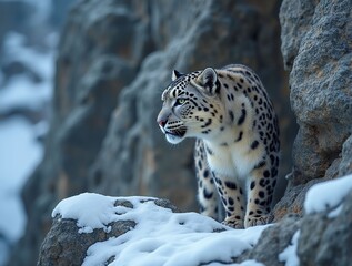 Obraz premium A snow leopard, its coat a masterpiece of camouflage, surveys the snowy peaks.