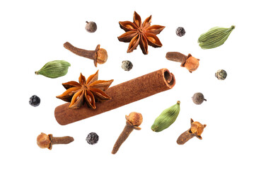 Cloves, cinnamon, anise, cardamom and mix of peppers in air on white background. Set of aromatic spices