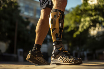close up of prosthetic leg of young man