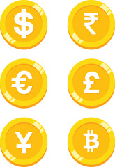 Currency vector icons. World money symbols collection. Coins icon. Vector illustration of dollar, indian rupee, bitcoin, euro, pound, yen coin in yellow