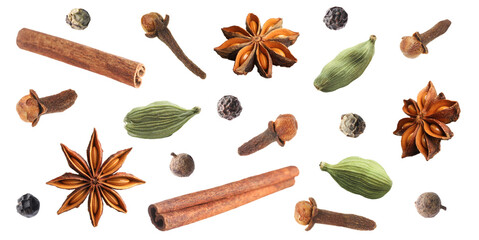 Cloves, cinnamon, anise, cardamom and mix of peppers in air on white background. Set of aromatic spices