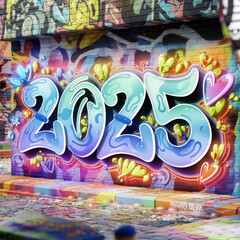 new year 2025 written in graffiti style on wall 