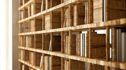 A stylishly designed wooden bookshelf filled with wicker baskets and books, showcasing a minimalist and organized interior aesthetic.