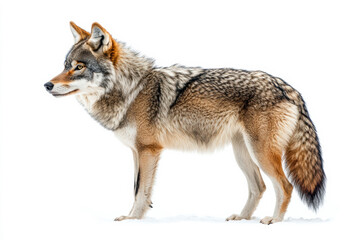 Obraz premium Side view of a wolf with thick fur standing on white background, isolated. Wild forest animal, majestic and powerful, predator, natural wildlife, symbol of strength, wilderness, nature