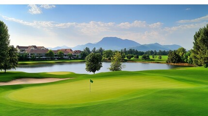 Obraz premium Luxury Golf Course Panorama Pristine Green with Lake, Clubhouse, and Majestic Mountain View