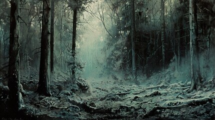 Fototapeta premium Enchanted Forest: A Winter Scene with Sunlight Breaking Through the Trees