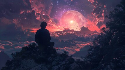 Silhouette of a Person Gazing at the Moon in a Dreamy Night Sky