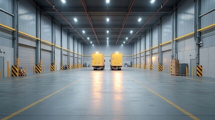 Efficient logistics operations in a modern warehouse with delivery trucks ready for dispatch
