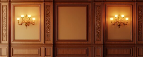 Warm tan wall with wood paneling and brass sconces in a photorealistic 3D design.
