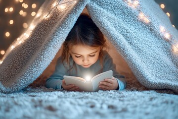 A child reading a book inside a cozy, illuminated tent made of blankets, surrounded by soft textures and warm lights, creating a magical atmosphere for storytelling