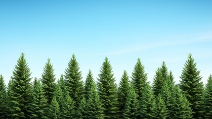 Fototapeta premium Dense evergreen tree line against a clear blue sky, serene natural landscape.