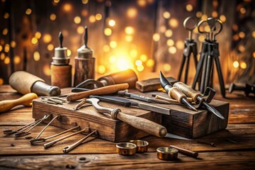 Vintage Goldsmith Tools on Rustic Wooden Workbench with Bokeh Effect for Artisan Craftsmanship and Jewelry Making Inspiration