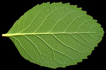 Obraz premium Detailed green leaf on black background, showcasing intricate vein patterns.