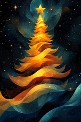 Vibrant abstract representation of a Christmas tree illuminated by stars against a dark cosmic background