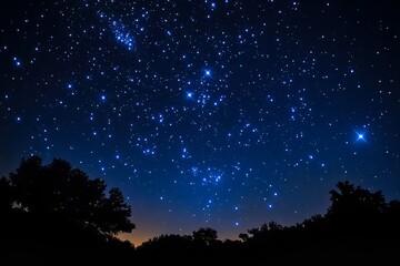 Naklejka premium A breathtaking view of a starry night sky, filled with bright stars and a deep blue hue, silhouetted against dark tree outlines at the horizon
