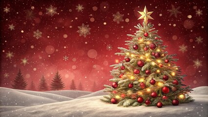 Christmas background with xmas tree and sparkle bokeh lights on red canvas background. Merry christmas card. Winter holiday theme. Happy New Year. Space for text