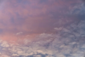 Soft pink and purple clouds in a colorful sunset sky. Abstract nature background. Design for wallpaper, poster, banner, greeting card, invitation.