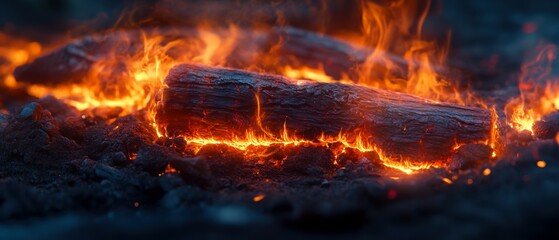 A close-up of glowing embers and flaming logs, showcasing the vibrant colors of fire and the texture of burning wood in a dark setting