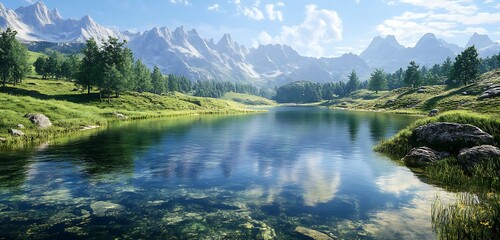 Fototapeta premium A peaceful nature reserve with a crystal-clear lake and mountains rising in the distance