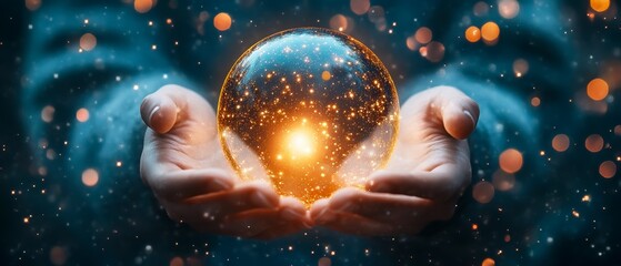 A pair of hands cradles a glowing orb filled with sparkling lights, set against a blurred, dark background creating a mystical atmosphere