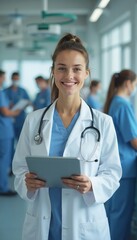 Young Female Doctor Smiling Confidently in Hospital Environment.