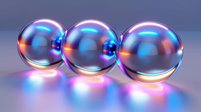 Three shiny, colorful spheres are reflected in a light. The spheres are illuminated and appear to be floating in the air