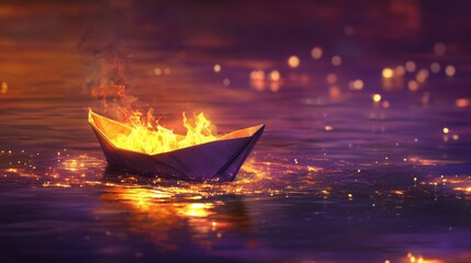 A burning paper boat floating on a glowing, magical sea. 