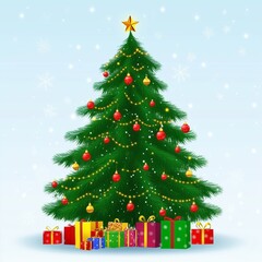 Fototapeta premium A beautifully decorated Christmas tree stands tall with colorful presents beneath it in a winter wonderland setting