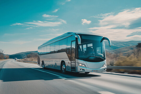 modern tourist bus driving on highway. Travel and transportation concept