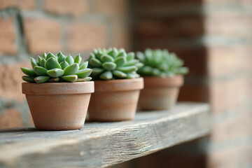 Fototapeta premium Succulent plants on a wooden shelf, A serene display of succulent plants in pots, beautifully arranged on a rustic wooden shelf against a textured brick wall.