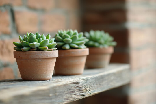 Succulent plants on a wooden shelf, A serene display of succulent plants in pots, beautifully arranged on a rustic wooden shelf against a textured brick wall.