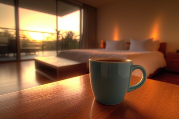Obraz premium A serene morning scene featuring a coffee cup on a wooden table, with a cozy bedroom and sunrise in the background.