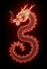 A red dragon is depicted in a neon-like style against a black background